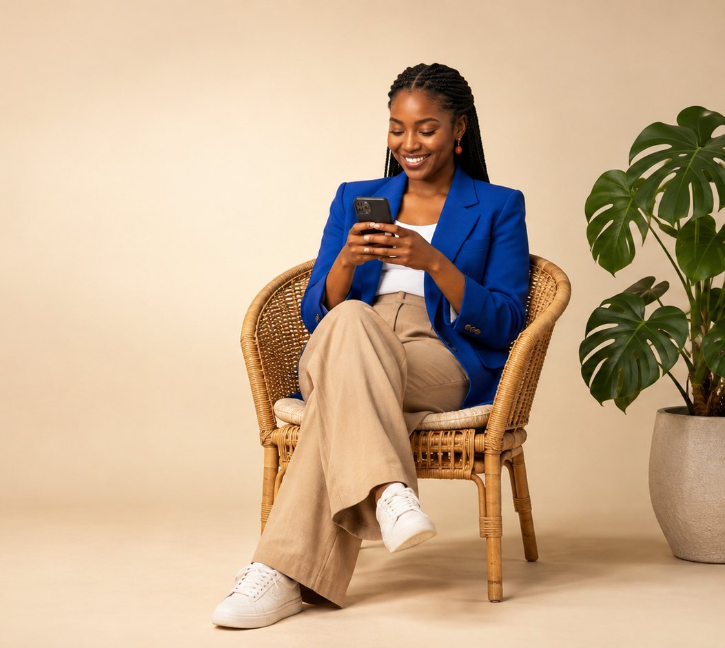 A Nigerian shop owner sitting with her phone, smiling at a payment alert
